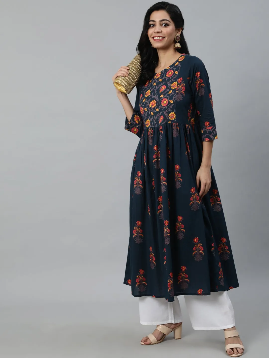 Women Blue And Pink Floral Ethnic A-Line Midi Dress