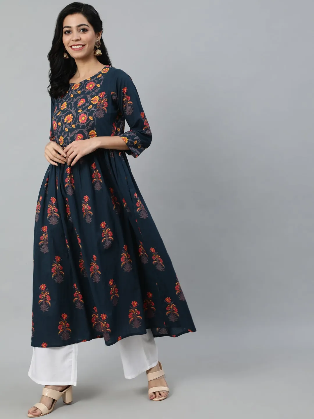 Women Blue And Pink Floral Ethnic A-Line Midi Dress