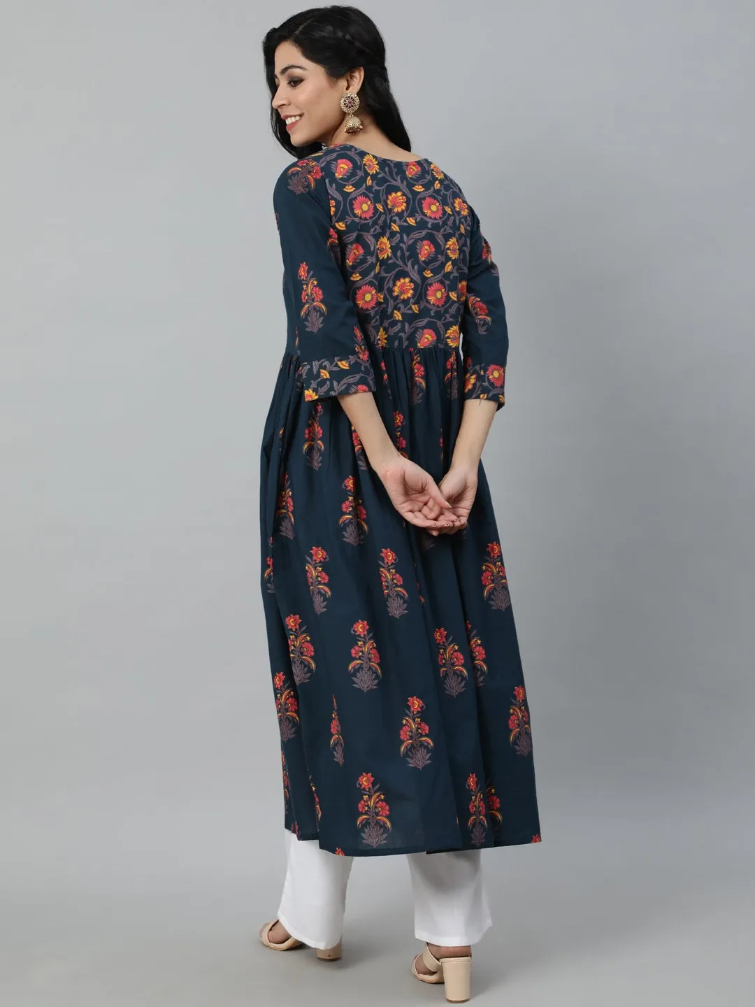 Women Blue And Pink Floral Ethnic A-Line Midi Dress