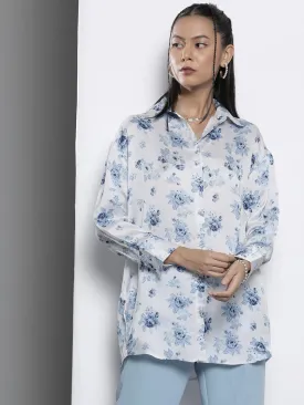 Women Blue Floral Satin Shirt