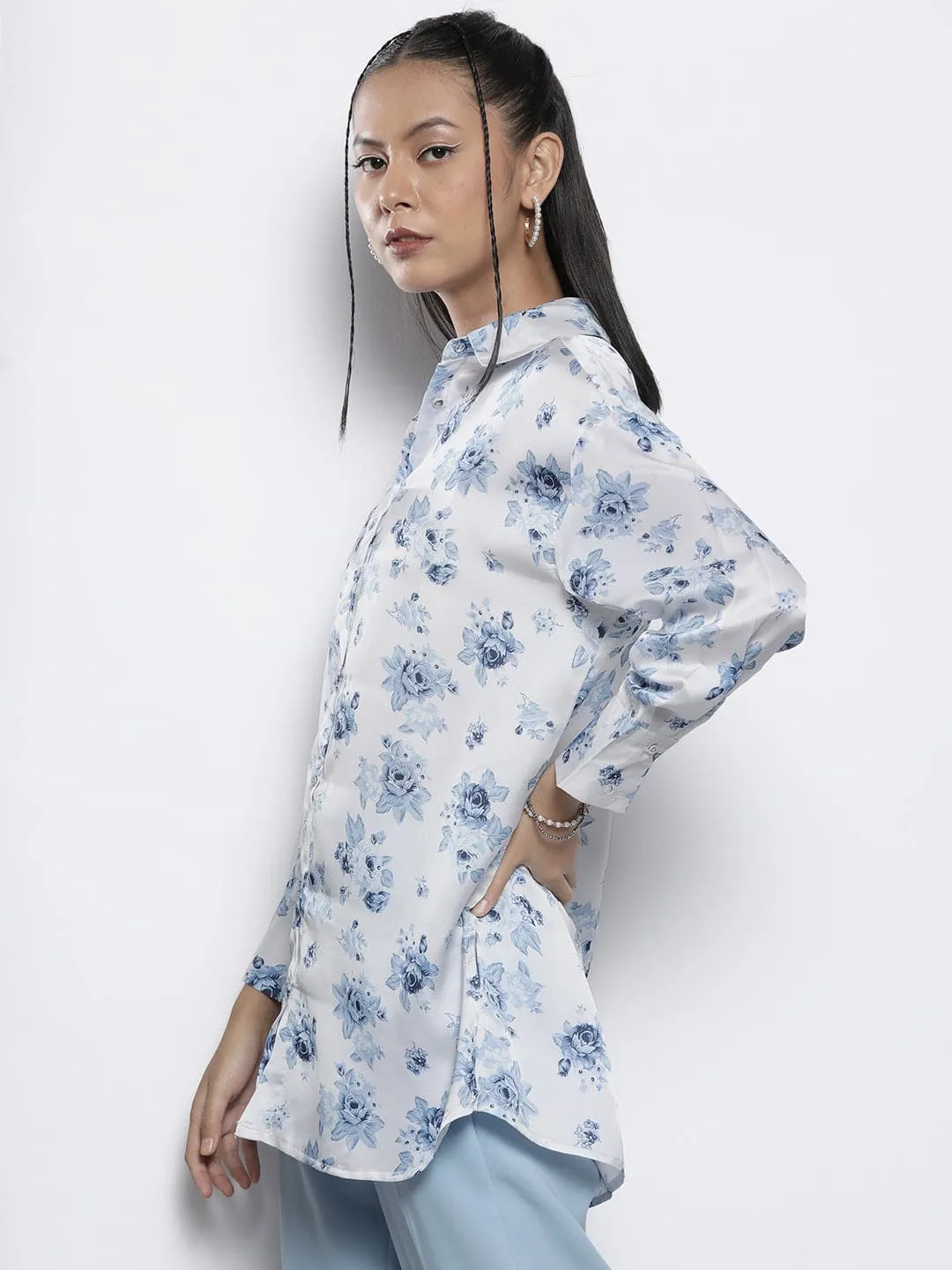 Women Blue Floral Satin Shirt