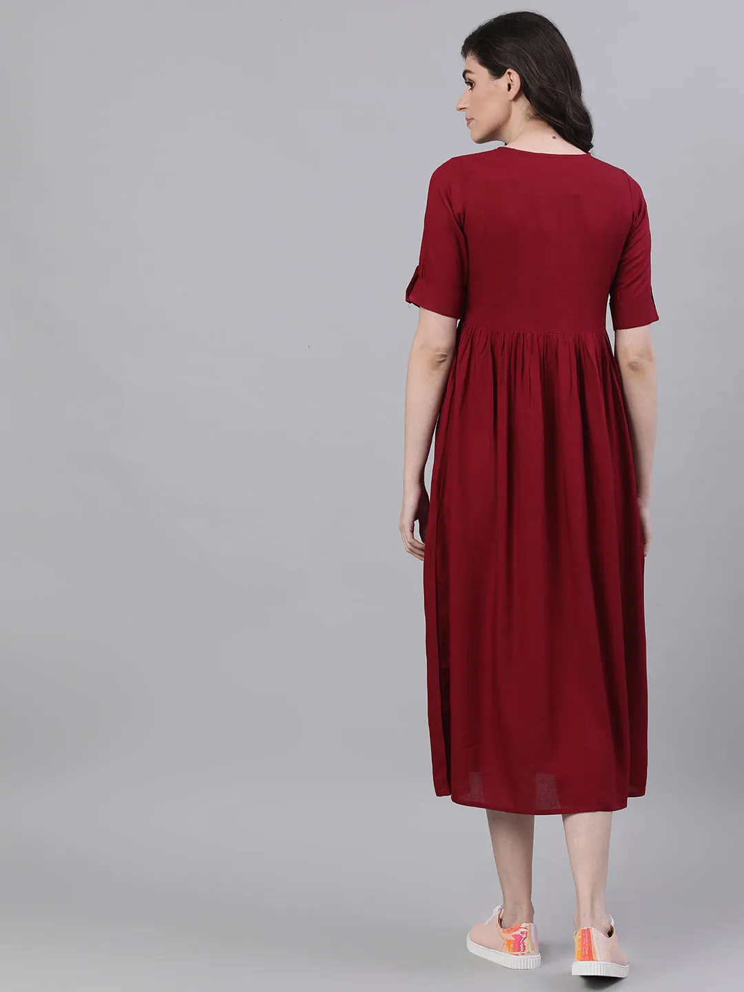 Women Maroon Solid Embroidered Tie-Up Neck Viscose Rayon A-Line Dress