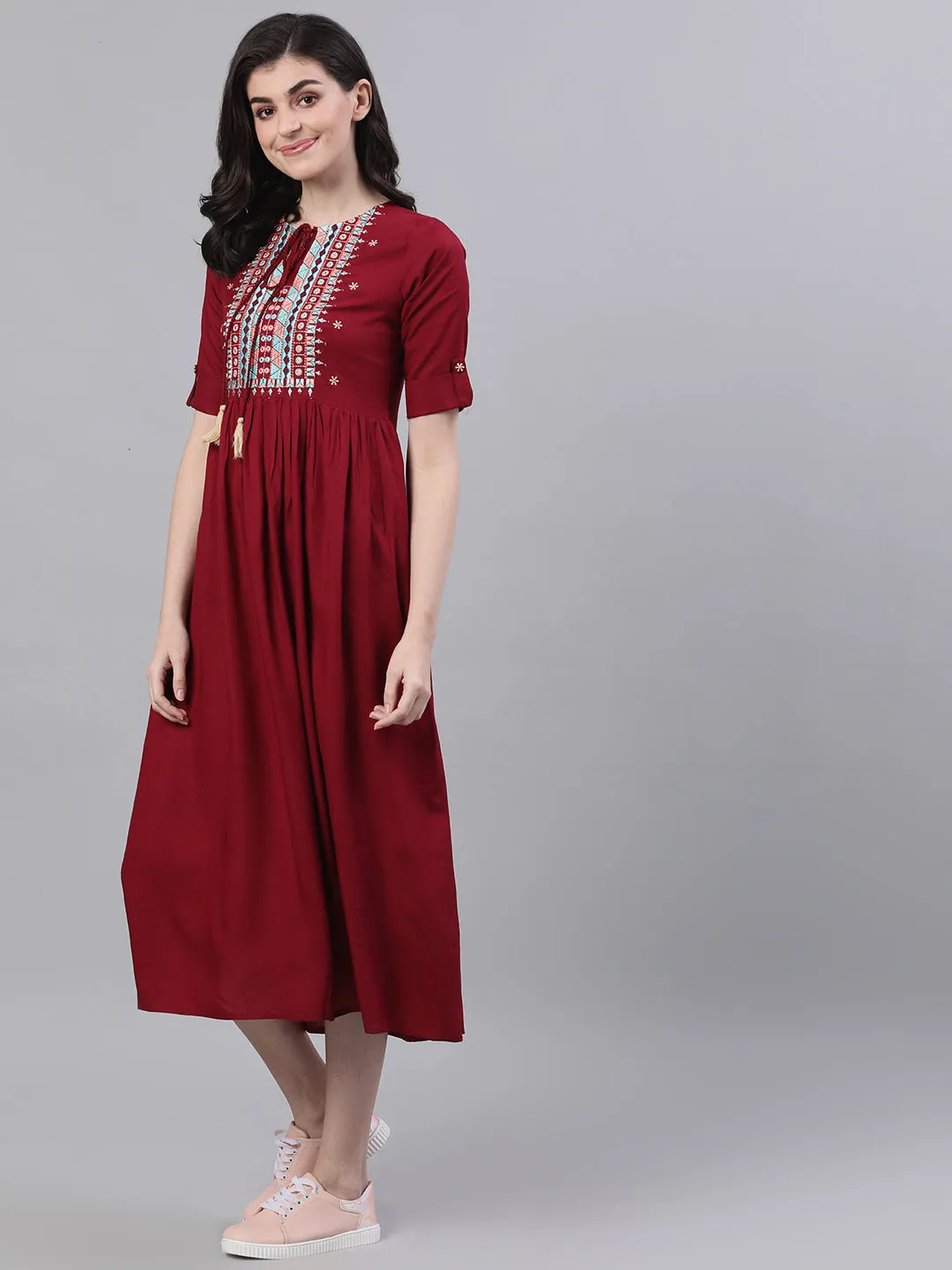 Women Maroon Solid Embroidered Tie-Up Neck Viscose Rayon A-Line Dress