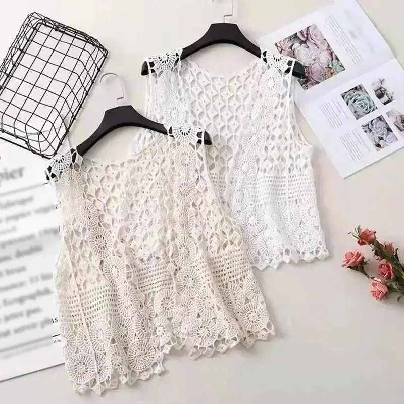 Women Summer Crochet Sleeveless Vest Waistcoat Ethnic Hollow Out Knit Diamond Circle Pattern Solid Color Cardigan Beach Cover Up