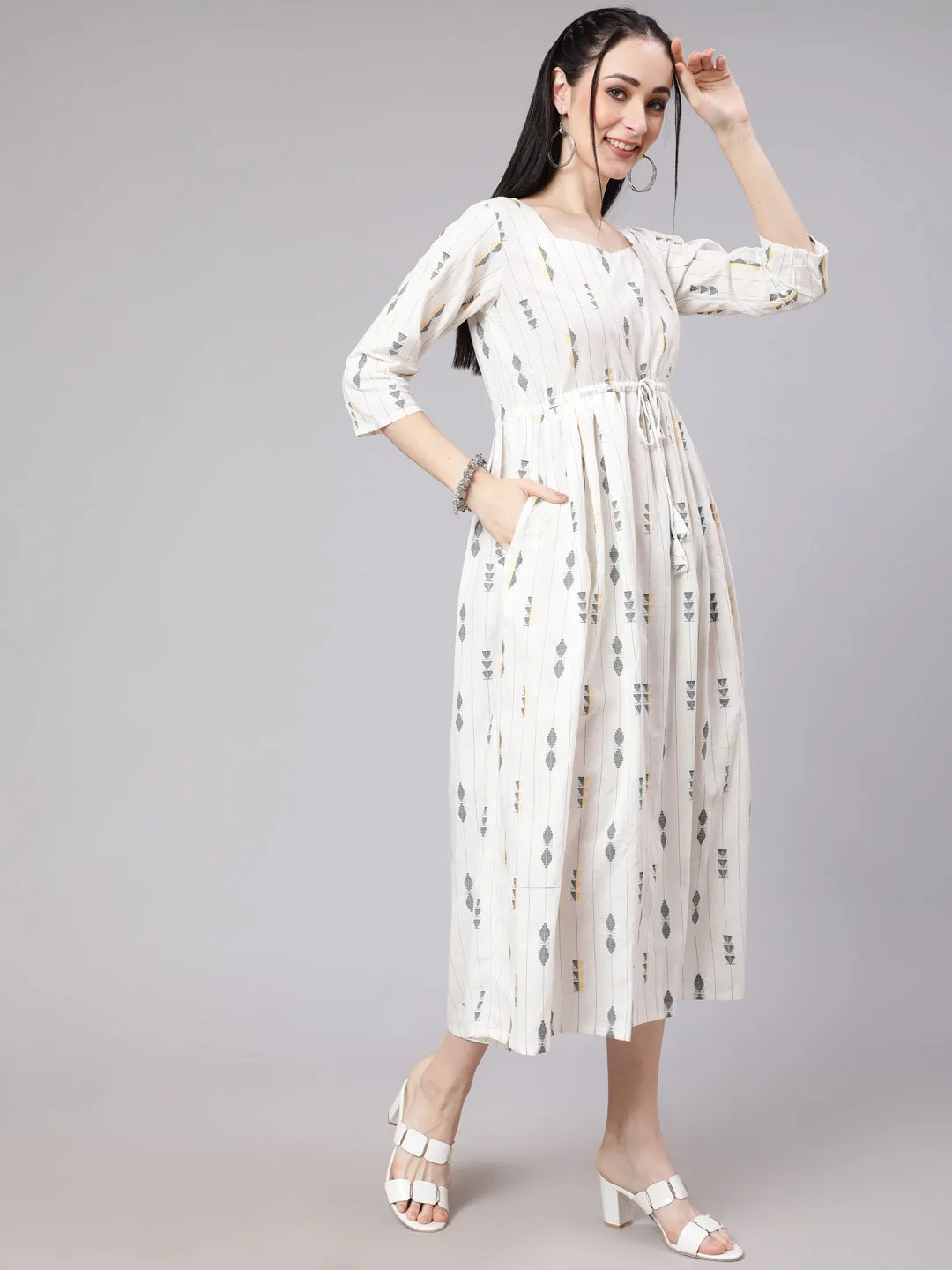 Women White Geometric Printed Flared Dress