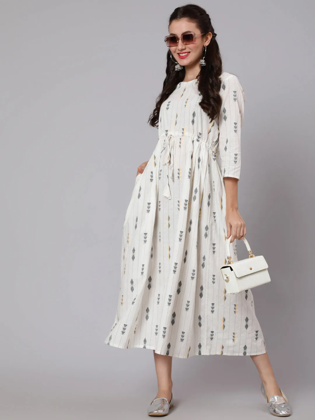 Women White Geometric Printed Flared Dress