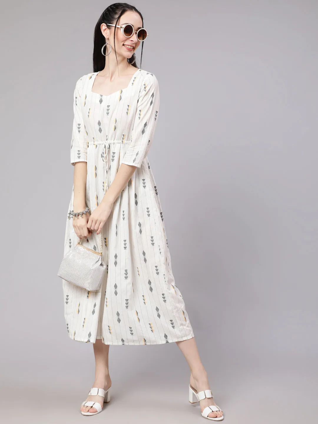 Women White Geometric Printed Flared Dress