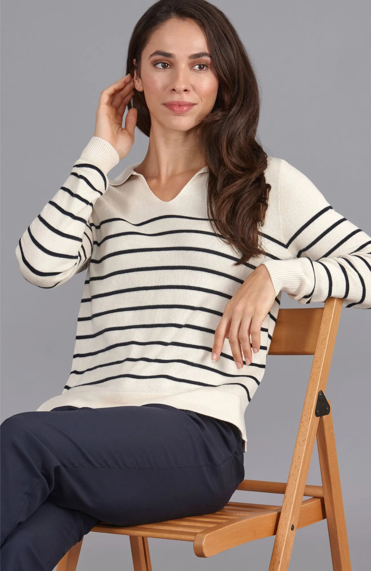 Womens Lightweight Cotton Open Collar Breton Top