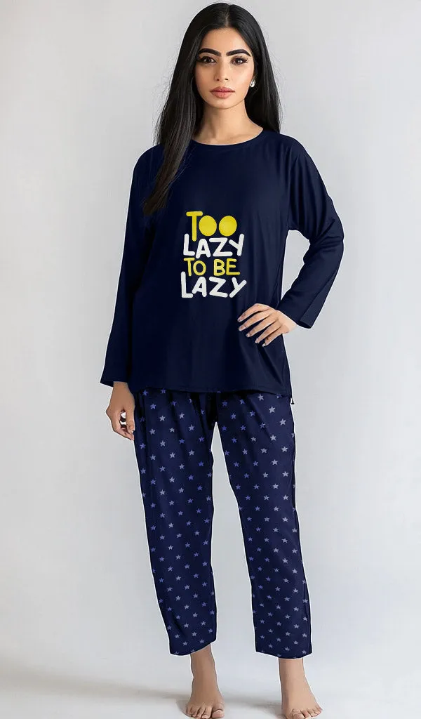 Women's Night Suit Full Sleeve (Navy Too Lazy)