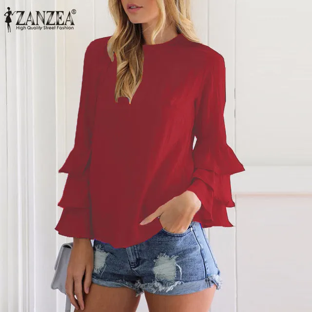 ZANZEA 6 Colors 2017 Women Blouses Shirt Elegant Ladies O Neck Long Flare Sleeve Flouncing Blusas Casual Loose Pullover Tops